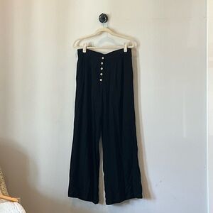 High-Rise Black Wide-Leg Pants with Button-Front Detail